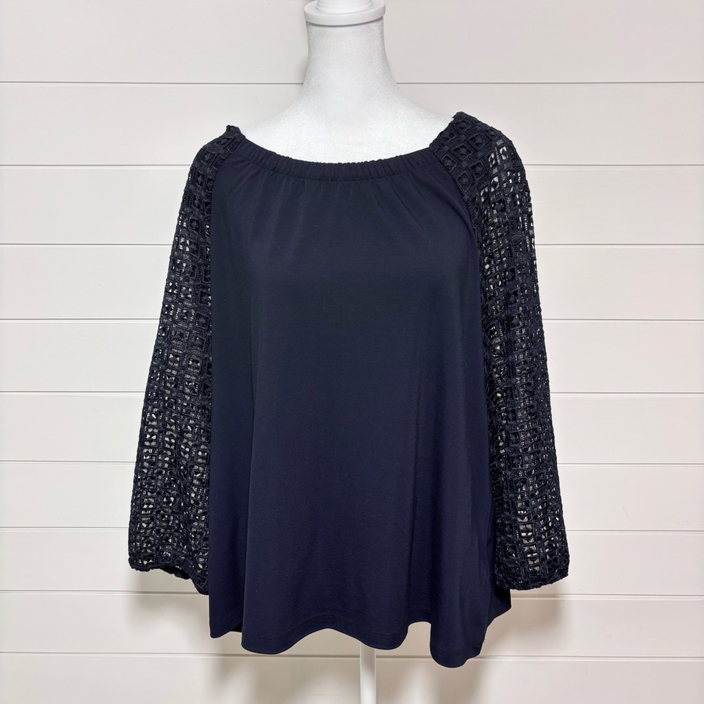 Talbots NAVY Blue EYELET 3/4 Lace Sleeve BLOUSE Top Boat Neck Size XLP    ‎ NEW